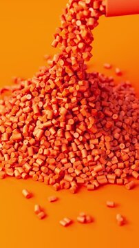 Orange polypropylene plastic granules pouring from a cup onto a resin pellet pile on orange background, 3D render dynamic Vertical video.