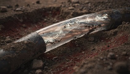 Fototapeta premium Closeup medium shot of buried conduit showing adaptive optical fiber sheath automatically repairing small abrasions dirt and soil softly out of focus creating contrast.