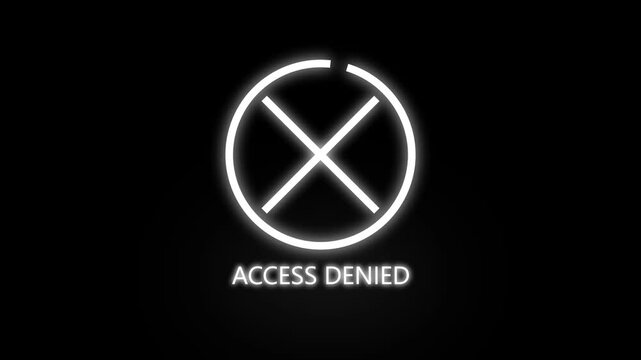 Professional Access Denied motion graphic with white prohibition icon and warning text. Designed for cybersecurity projects, authentication failures, firewall notifications, and secure environments.