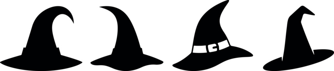 Halloween day witch hats silhouettes for spooky decorations and costumes. Collection of witch silhouettes in various poses, wearing pointed hats and flowing dresses, © Ragia