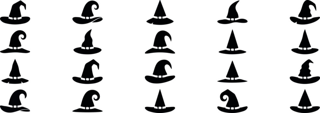 Halloween day witch hats collection black silhouettes for spooky decor. Collection of witch silhouettes in various poses, wearing pointed hats and flowing dresses,