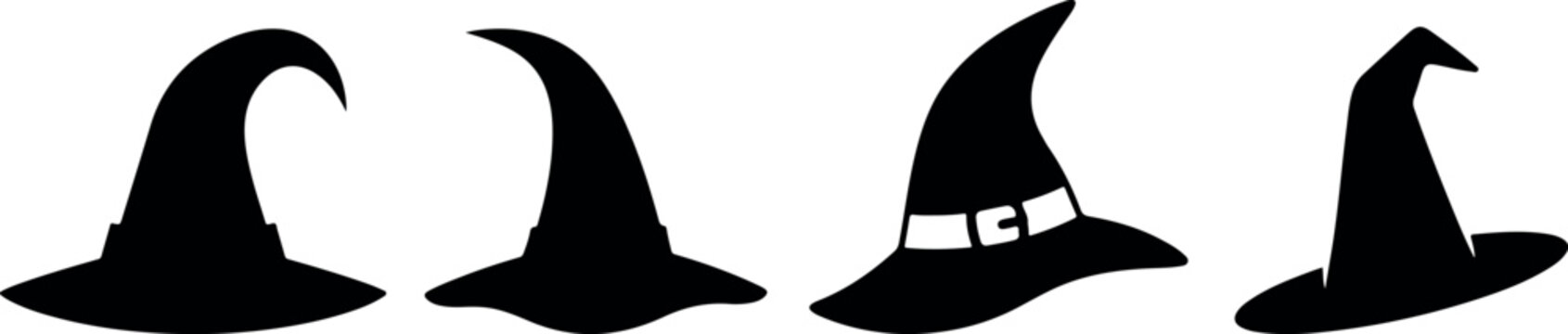 Halloween day witch hats silhouettes for spooky decorations and costumes. Collection of witch silhouettes in various poses, wearing pointed hats and flowing dresses,