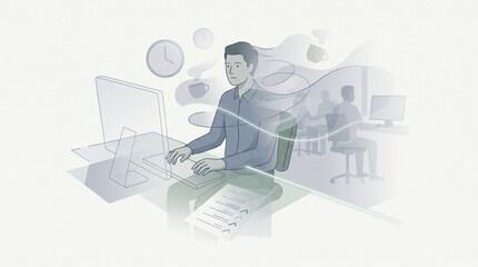 Naklejka premium Professional man working diligently at his computer desk with subtle clock and coffee mug icons