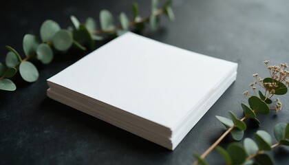 Fototapeta premium Stack of blank white cards rests on dark surface. Eucalyptus branches frame stack. Perfect for invitations or business cards. Clean elegant design element.