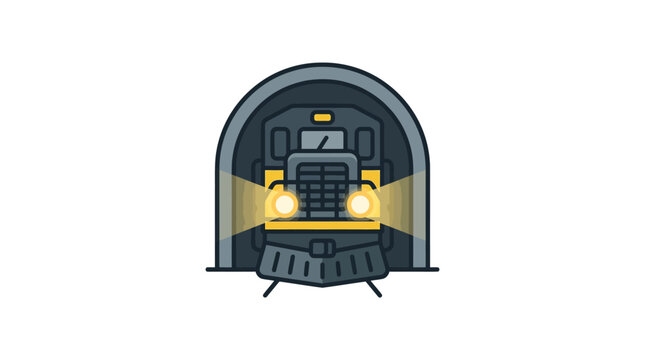 A stylized flat vector illustration of a train engine emerging from a dark tunnel.