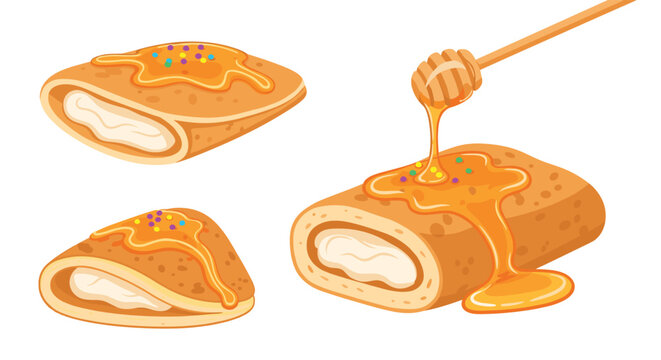 Mouthwatering crepes filled with white cream and drizzled with golden honey and colorful sprinkles being served from a wooden dipper.