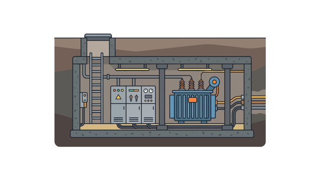 Cross section illustration of an underground electrical transformer vault and substation.