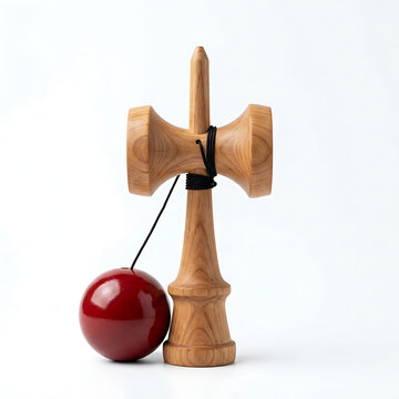 Traditional Japanese wooden kendama toy isolated on a plain white studio background