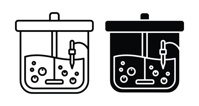 Bioreactor icon set showing chemical mixing tank with stirrer and sensor probe for laboratory research biotechnology and industrial fermentation process