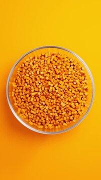 Rotating glass bowl filled with orange polypropylene plastic granules and masterbatch resin pellets on orange background, 3D render seamless Vertical video.