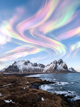 Iridescent polar stratospheric clouds over a snowy coastal mountain range