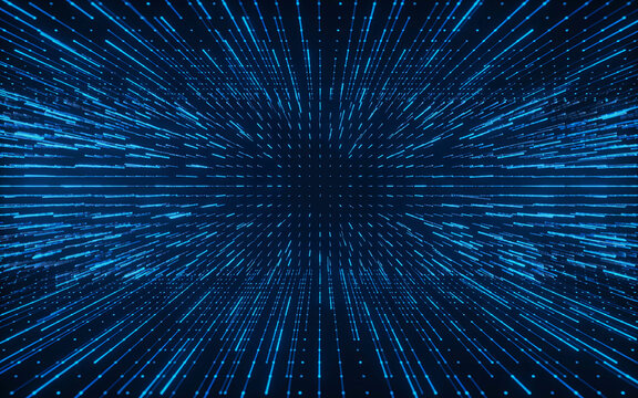 Abstract dark blue glowing light lines converging in perspective representing futuristic digital data flow and speed.