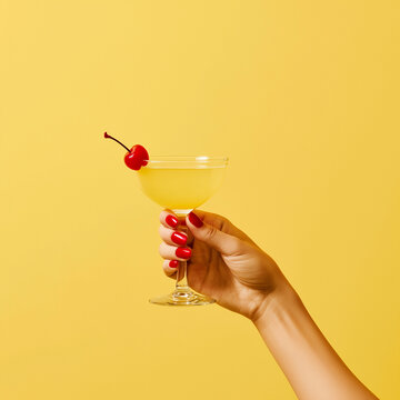 Elegant female hand holding a martini cocktail with a cherry garnish against a vibrant yellow background.