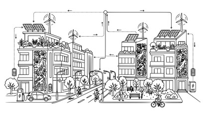 Obraz premium Smart Eco Neighborhood with Solar Energy Grid and Electric Vehicle Charging Outline Vector