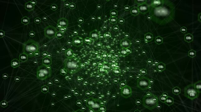 plexus of Net zero environment sustainable concept with decreasing carbon CO2 icons in green eco-friendly landscape. Graphic animation