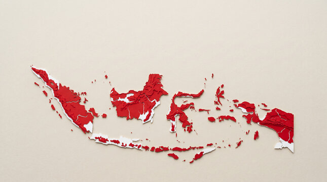 3D Red Map of Indonesia Archipelago on a Neutral Background, Geographic Model of Southeast Asian Nation