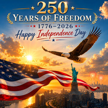 250 Years of Freedom Happy Independence Day 1776&ndash;2026 with American Flag, Bald Eagle and Statue of Liberty