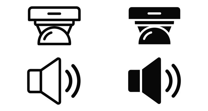 Security camera dome sensor and audio speaker volume icons set in outline and solid black flat vector style for interface