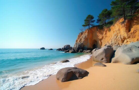 Golden sand beach meets clear turquoise ocean. Jagged cliffs with pine trees rise above, featuring a cave. Smooth boulders rest on shore. Calm waves lap the coastline.