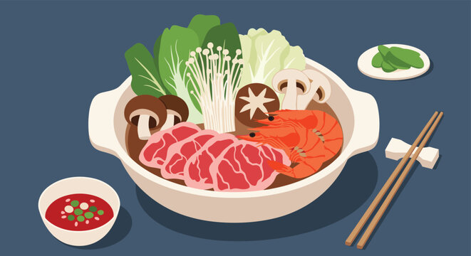 Traditional japanese hot pot dish called nabe filled with shrimp, meat, mushrooms, and leafy greens served with chopsticks and sauce.