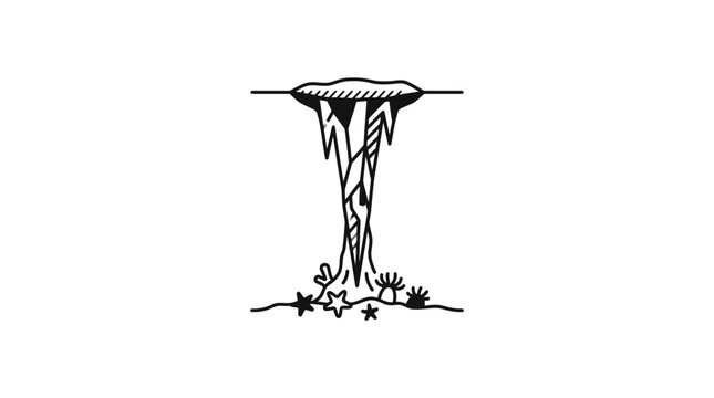A hand drawn illustration of a sinkhole or cenote with stalactites and underwater vegetation.