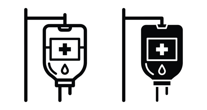 Medical IV drip bag icons for hospital infusion therapy treatment saline solution blood transfusion healthcare services equipment vector illustration set