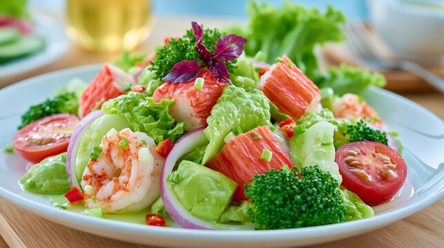 Fresh seafood salad with crab sticks, succulent shrimp, crisp vegetables, and light dressing, creating a colorful, healthy, and refreshing meal perfect for lunch or dinner.