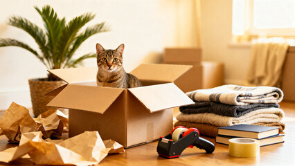 Naklejka na ściany i meble Photorealistic moving day scene in a home with a curious cat sitting inside an open cardboard box, pet-friendly relocation concept