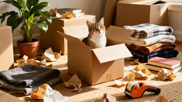 Photorealistic moving day scene in a home with a curious cat sitting inside an open cardboard box, pet-friendly relocation concept