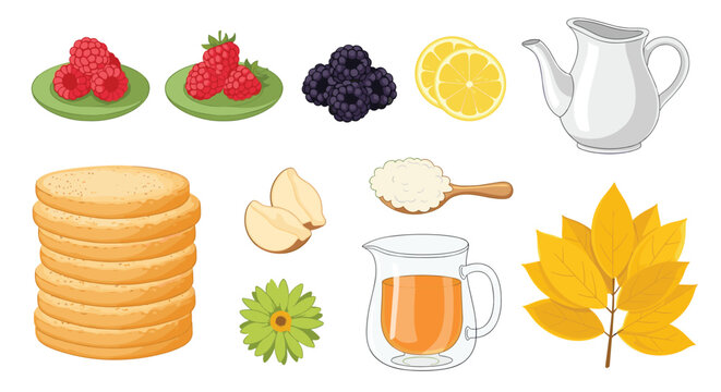Healthy breakfast components including raspberries blackberries lemon slices honey and a stack of pancakes.