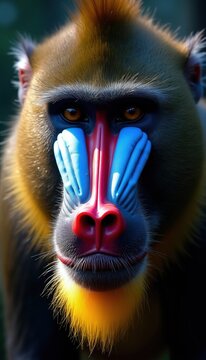 Mandrillus sphinx face shows vibrant red nose blue cheeks and yellow beard. Close up of primate looking forward with alert eyes. Wild mammal with detailed fur texture in natural habitat.