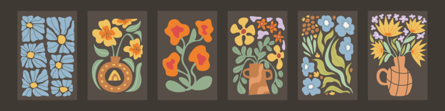 Flower pattern with abstract floral plants and organic shapes. Modern vector poster with botanical leaves and retro design element. Artistic flowery composition for contemporary decor