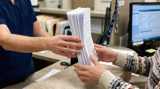 Male nurse handing patient document to woman at hospital reception desk. Healthcare administration process. Medical staff organizing clinical records and patient registration forms.