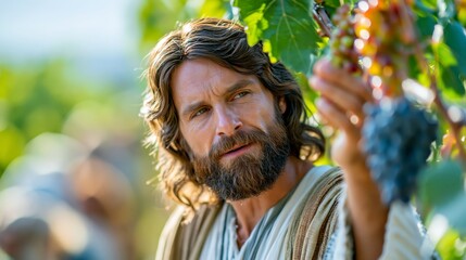 Obraz premium Photorealistic cinematic biblical scene inspired by John 15, showing Jesus in a vineyard thoughtfully observing ripe grapes on the vine, symbolizing spiritual growth, faith, and abiding.