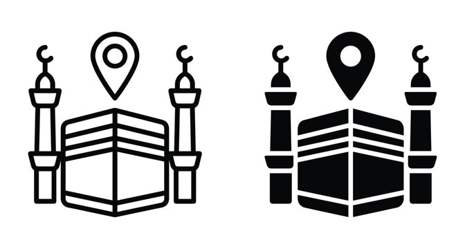 Kaaba location icon set featuring holy mosque in Mecca with minarets and map pin for hajj umrah pilgrimage travel navigation
