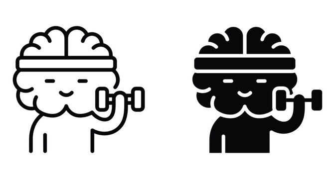 Brain character exercising with dumbbell and headband icon set representing mental health fitness cognitive training intelligence and psychological wellness concept