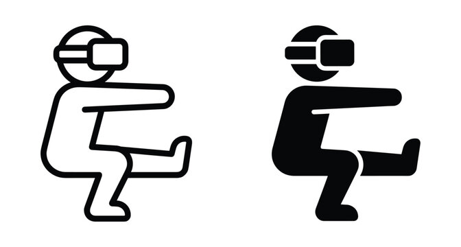 Virtual reality fitness icon set showing stick figure wearing headset performing squat exercise for gaming workout simulation and digital training