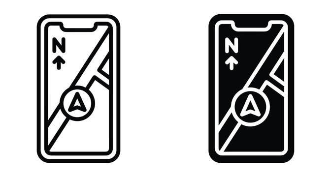 Smartphone navigation app icons showing map route with north arrow and location pointer in line and solid glyph style set