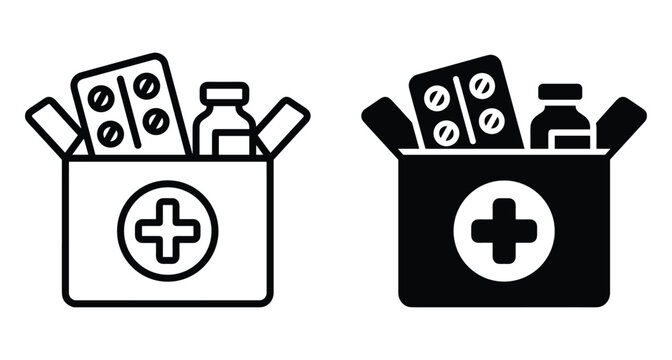 Medical first aid kit box icon set with medicine blister pack and bottle for healthcare emergency treatment and pharmacy supplies