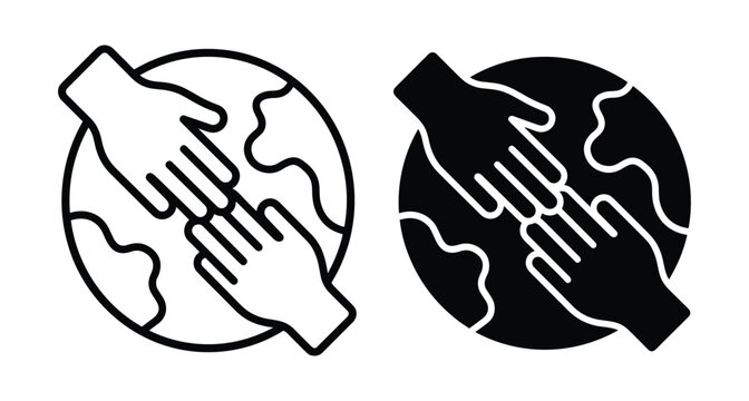 Global cooperation icon showing two hands reaching together over earth planet for unity charity support international partnership and world peace