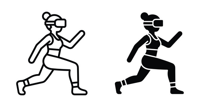 Woman wearing virtual reality headset exercising and running in metaverse simulation fitness training workout icon set outline and solid style
