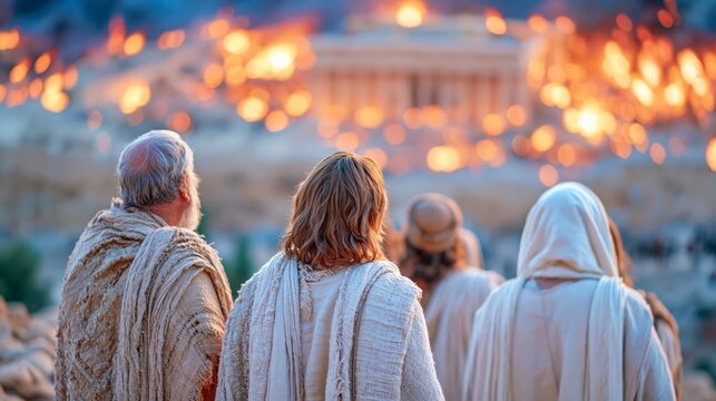 Back view of ancient Israelites witnessing the Second Temple engulfed in flames, dramatic fire and smoke rising over Jerusalem in a powerful historical scene symbolizing loss, exile,