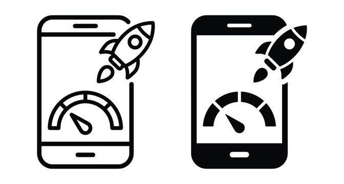 Smartphone speed optimization icon set featuring a rocket launch and speedometer gauge for mobile performance testing and fast internet connection