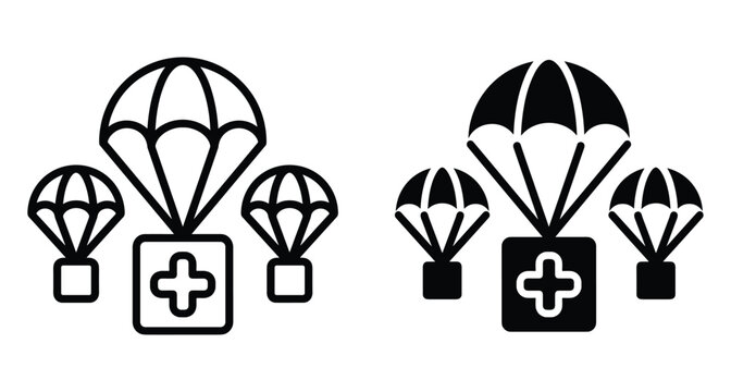 Humanitarian aid medical supply air drop delivery icons with parachutes carrying medicine boxes for emergency relief and healthcare logistics support