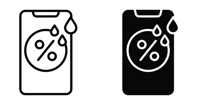 Smartphone humidity sensor icon set showing water droplets and percentage symbol for moisture detection mobile app interface design elements