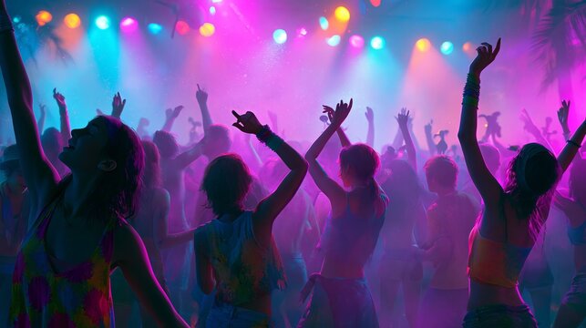 Energetic dancers fill a vibrant party scene. Colored lights flash overhead, capturing the spirit of youth and summer celebration.