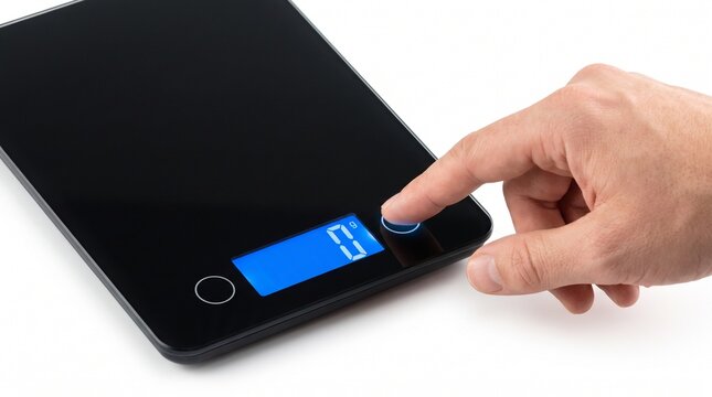 Adult Hand Pressing Digital Kitchen Scale Touch Button Isolated on White Background