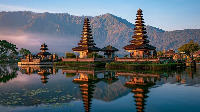 Bali's Pura Ulun Danu Beratan temple, a Shaivite Hindu site, reflects beautifully in Lake Beratan, drawing many visitors in Asia.