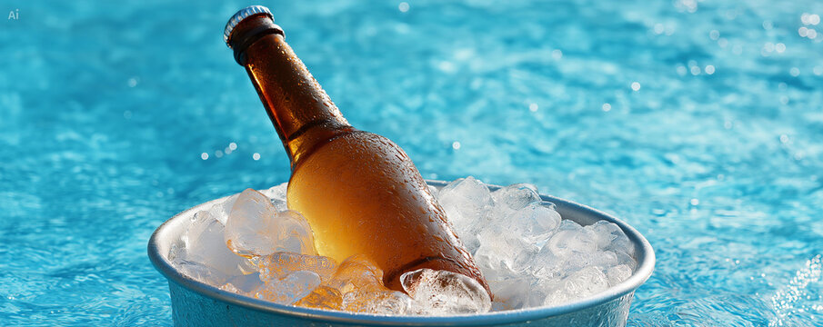 Cold beer bottle by holiday pool 