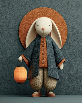 Mid-Autumn Festival bunny holding traditional lantern, flat vector design